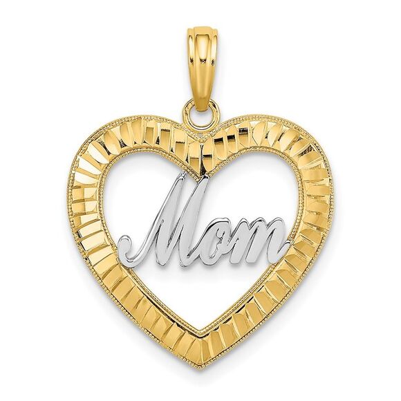 14k Yellow Gold w/ Rhodium Diamond-cut Heart MOM Charm,All Products : American Fashion Style Bags On Sale